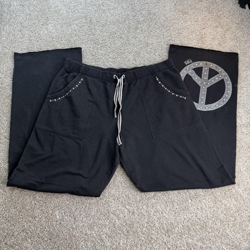 Y2K PINK Victoria's Secret Sweatpants Womens Large Black Peace Rhinestone Lounge